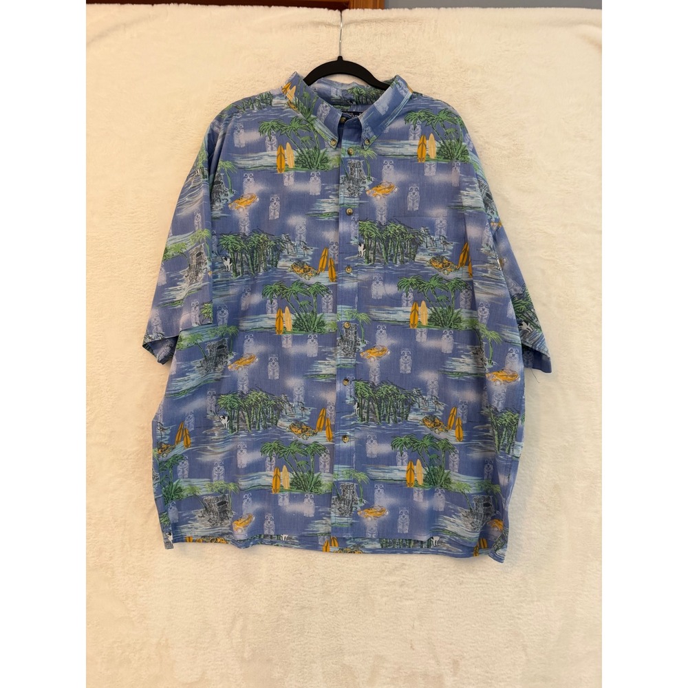 Big Dogs Mens 3X Blue Tropical Tiki Surfboard Print Short Sleeve Button Shirt